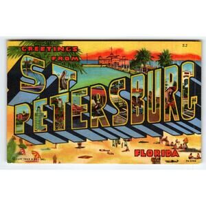 Greetings From St Petersburg Florida Large Letter Linen Postcard Beach Town